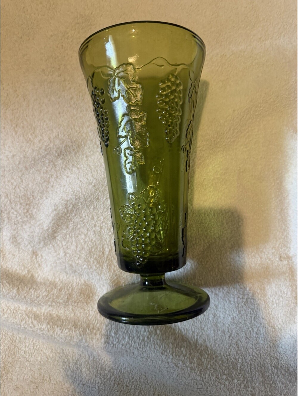 Indiana Glass Vintage Footed Green Vase with Grapes Leaves